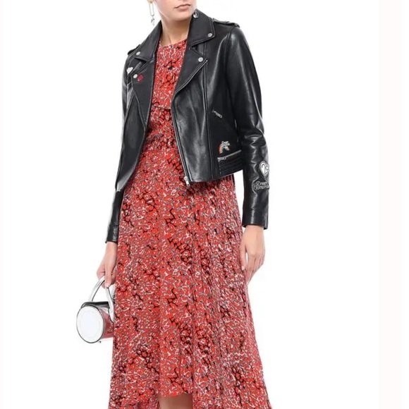• Maje • Beliz Appliquéd Patches Leather Biker Jacket Black Asymmetrical Zip 36 - Picture 1 of 7